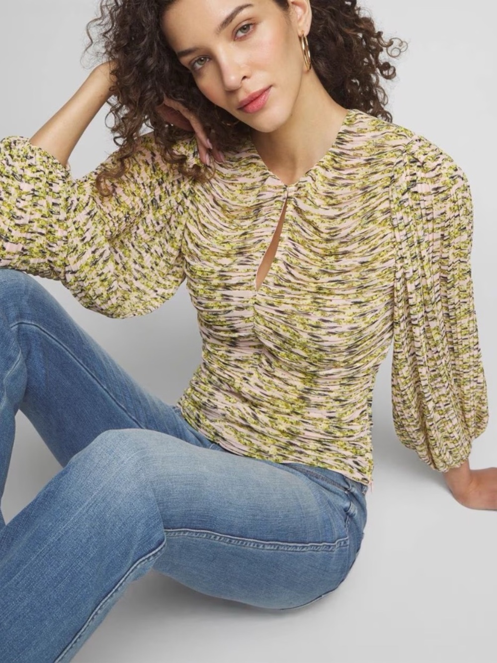 WHBM Long Sleeve Pleated Keyhole Blouse